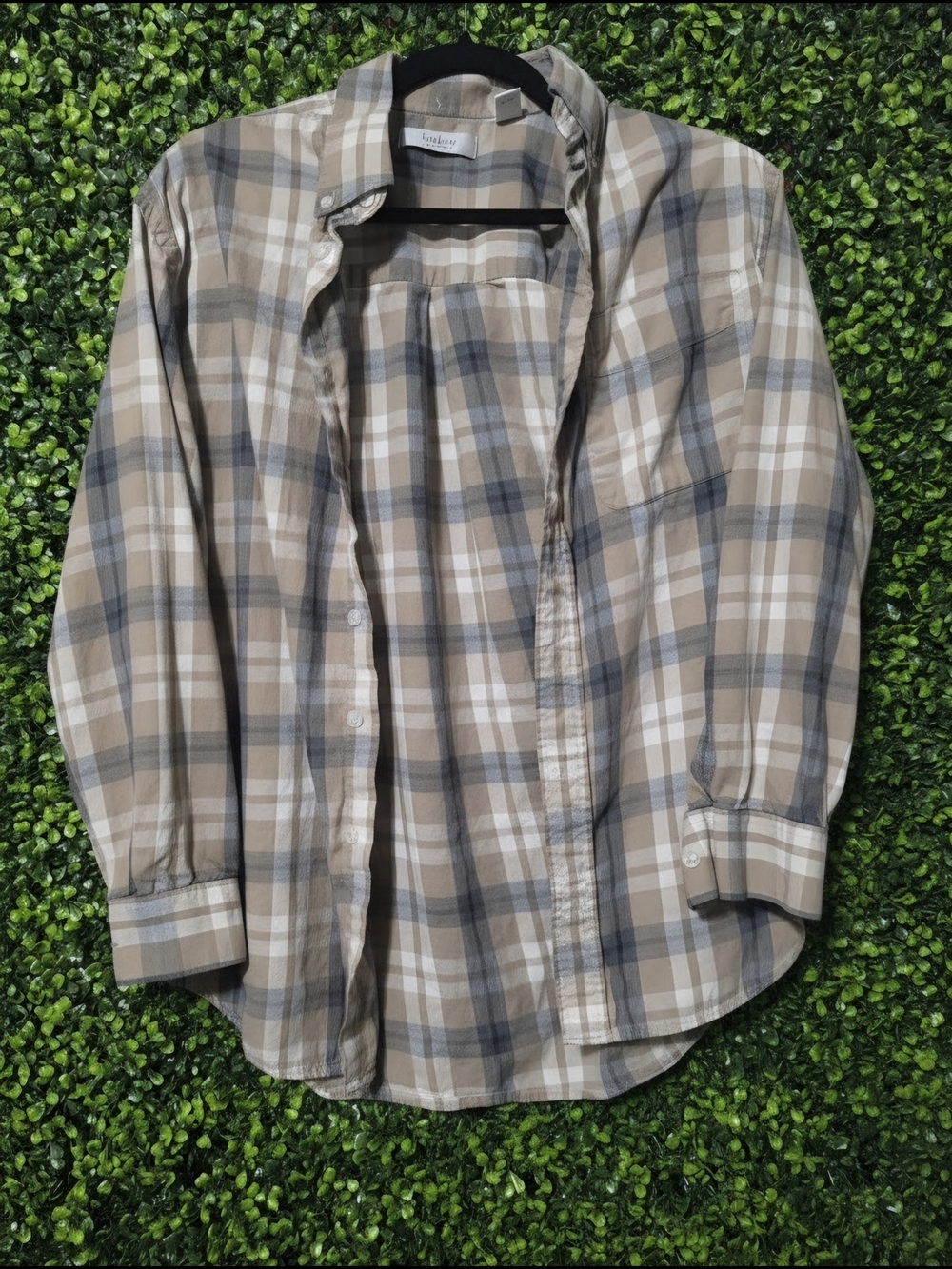 Men's Plaid Button-Down Shirt Tan Gray Medium